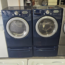 Load image into Gallery viewer, LG Blue Front Load Washer and Dryer Set on pedestals
